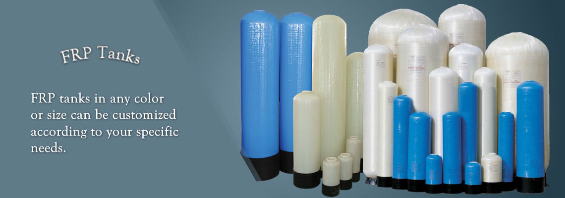 There are many FRP tanks of different sizes and colors.