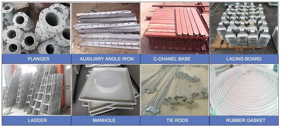 Eight main accessories of SMC water tank, including flanges, base, ladder, tie rods.