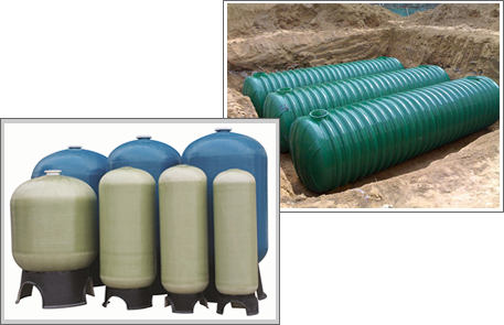 There are two kinds of FRP products: seven FRP tanks standing on the ground and three green FRP septic tanks in a trench.